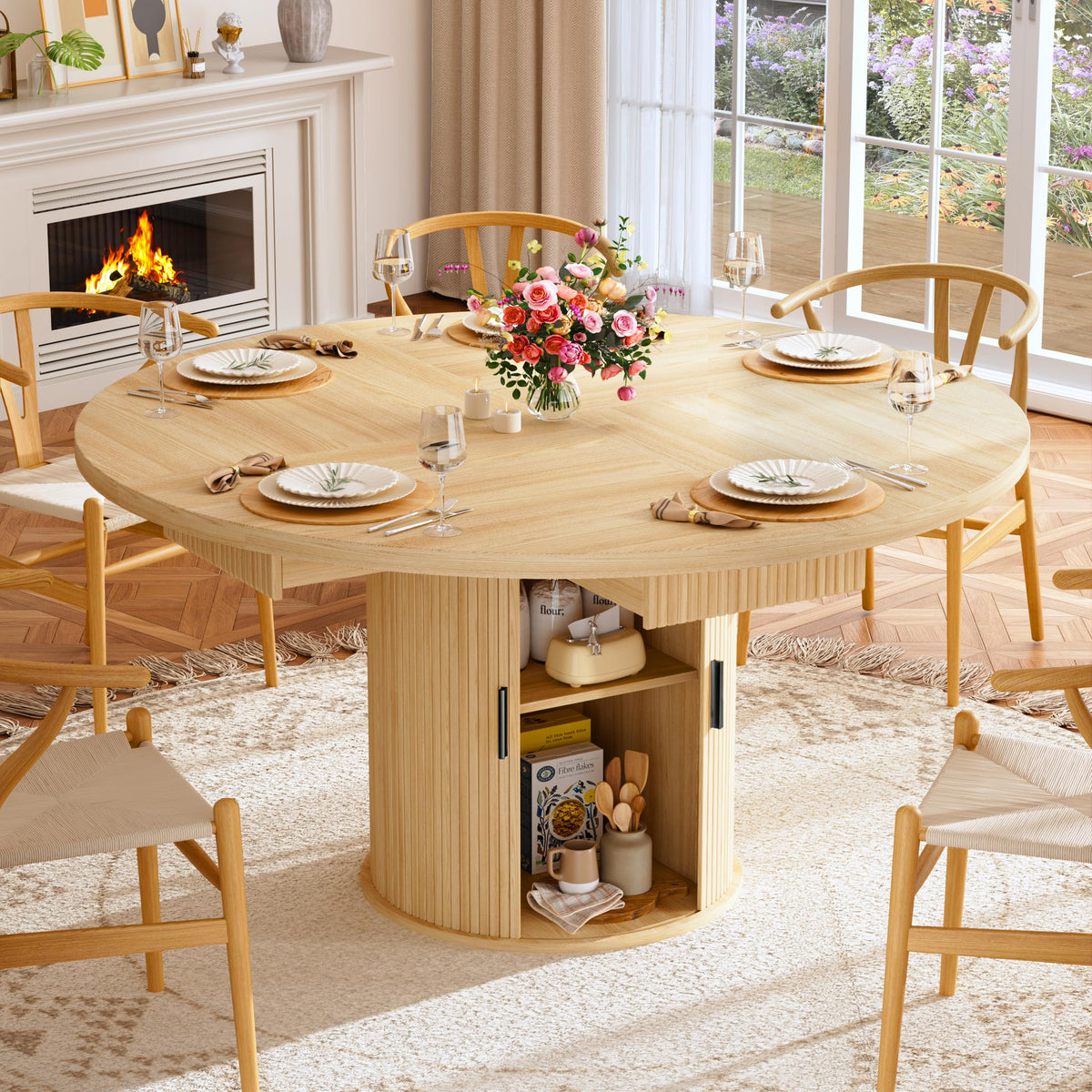 47.2" Round Wood Dining Table with 4 Drawers B42938