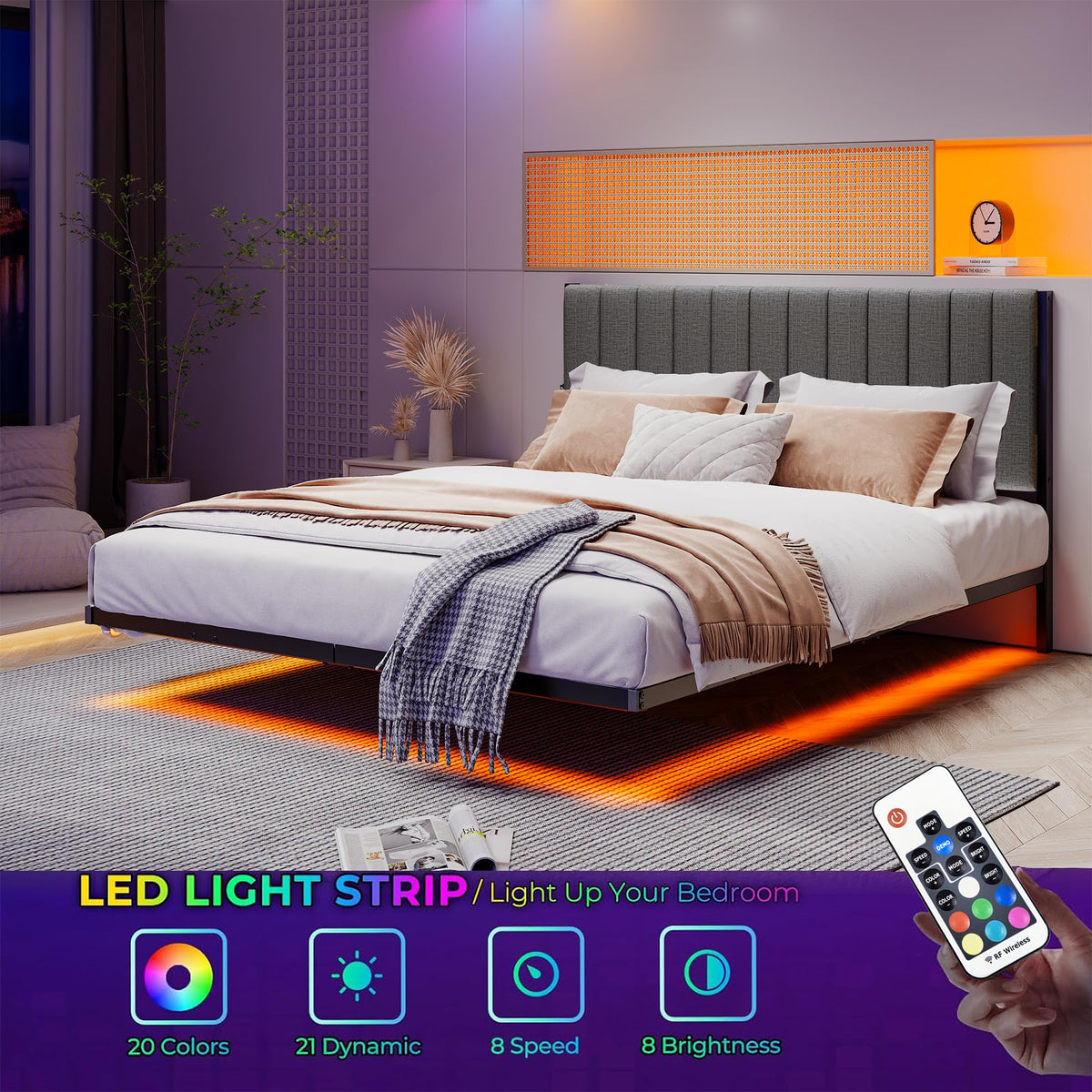 Full Size Metal Platform Bed Frame with LED Lights and Charging Port V669644