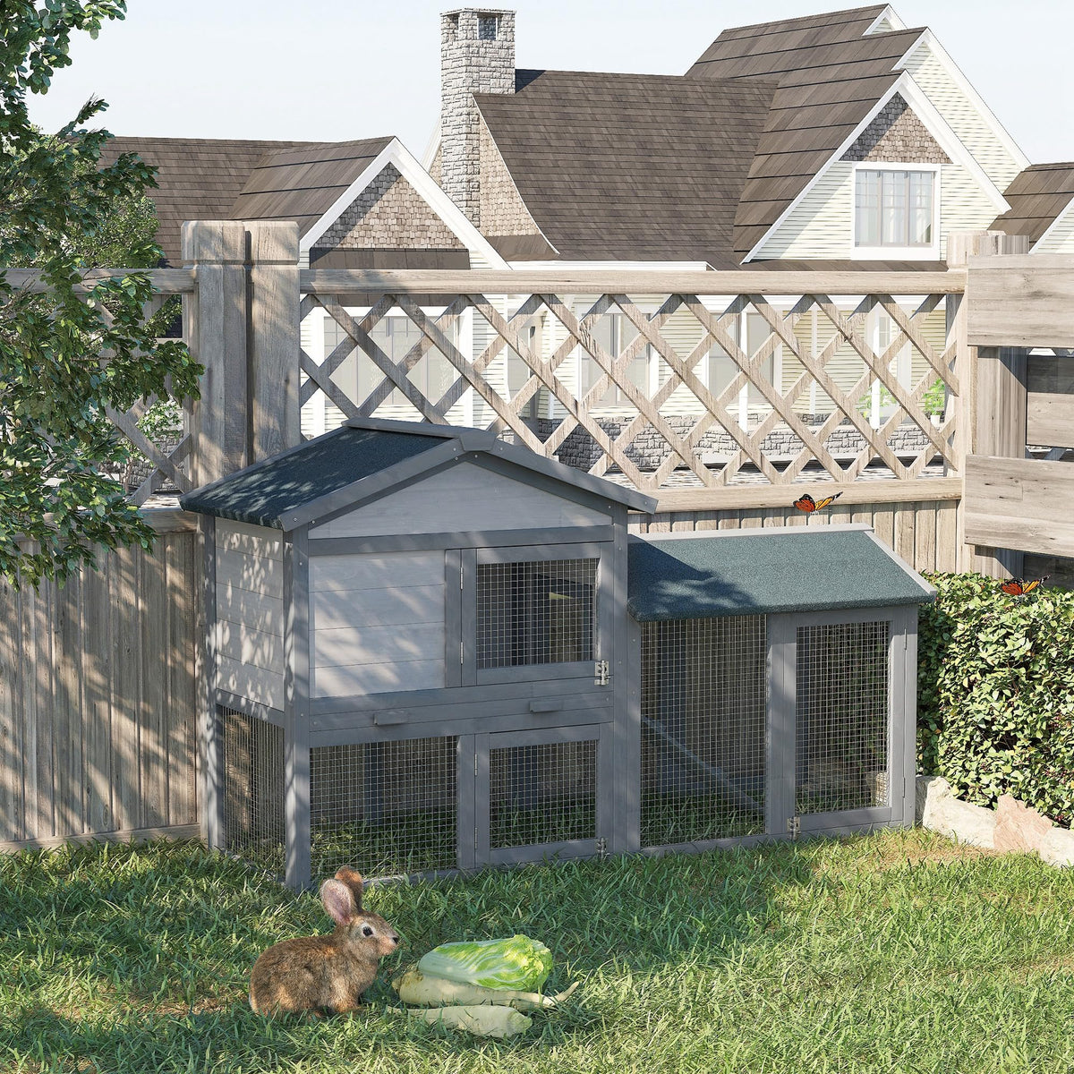 Wooden Rabbit Hutch with Ramp and Water-Resistant Roof M2248