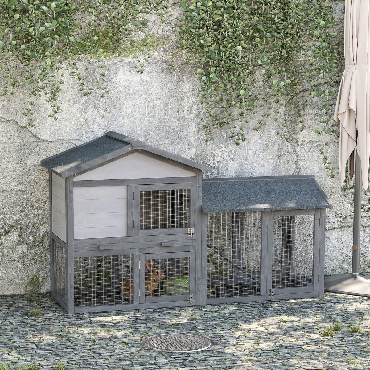 Wooden Rabbit Hutch with Ramp and Water-Resistant Roof M2248